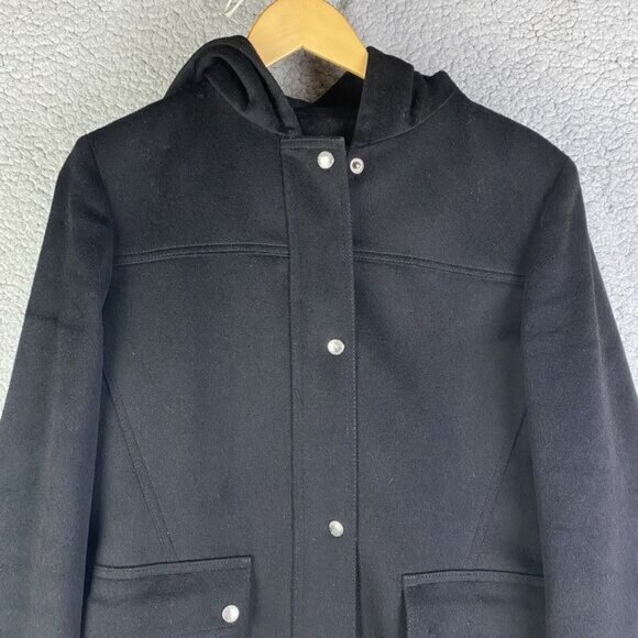 Michael Kors Black Hooded Wool Coat Women's Size 6 Mid Length Overcoat Lining * - Picture 2 of 16